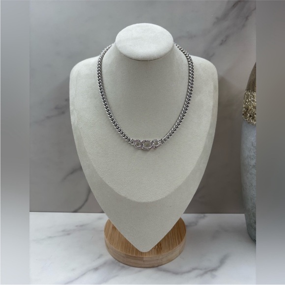 Christian Dior Silver Chain Interlocking Links Rhinestone Necklace - Picture 2 of 4